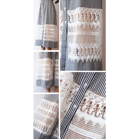Stripe Cotton Drawstring Crochet Midi Shirt Dress - Picture 4 of 8